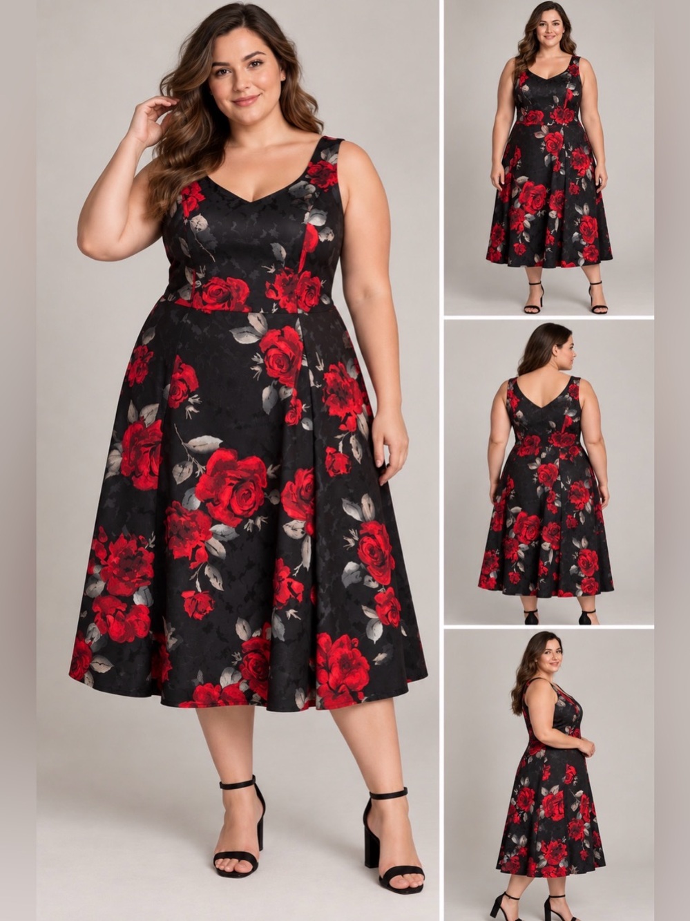 White House Black Market Black Midi Dress with Red Rose Pattern